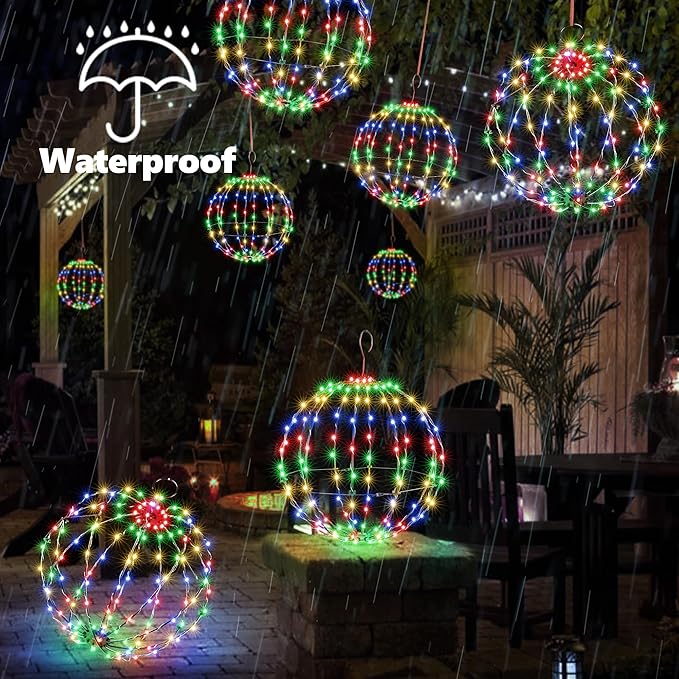 Joomer Christmas Solar Ball Lights, 13IN & 11IN Foldable Metal Sphere Lights Waterproof 8 Modes with Hook, Solar Powered Hanging Globe Light for Outdoor Christmas Decor (2 Pack, Multicolor)