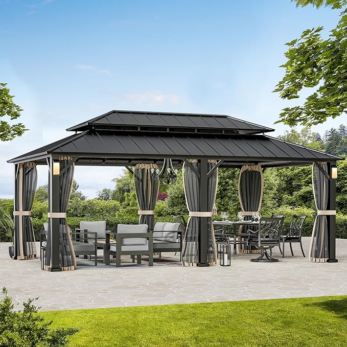 Modern Shade The Horizon Hardtop Gazebo 12' x 20' with 4 LED Lights, Permanent Outdoor Gazebo with Galvanized Steel Double Roof, Grill Pavilion with Decor Hooks, Mosquito Nettings, Black