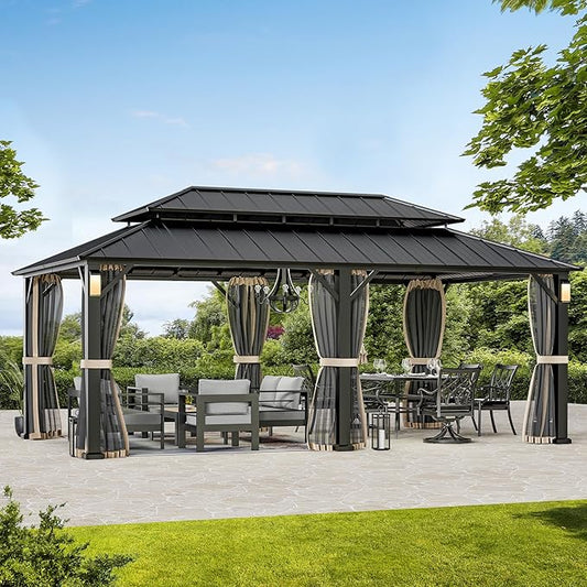 Modern Shade The Horizon Hardtop Gazebo 12' x 20' with 4 LED Lights, Permanent Outdoor Gazebo with Galvanized Steel Double Roof, Grill Pavilion with Decor Hooks, Mosquito Nettings, Black