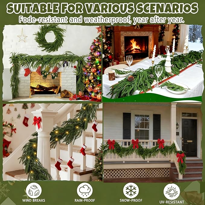 6FT Artificial Norfolk Pine Garlands for Christmas Decorations,Real Touch 2 PCS Winter Faux Greenery Garlands for Mantel Table Stair Fireplace Wall Holiday Indoor Outdoor Decor