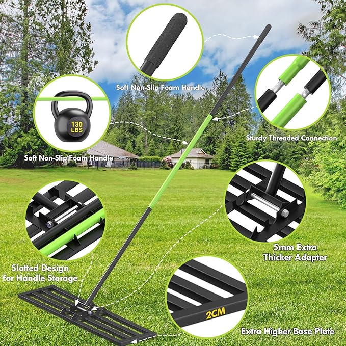 Seeutek Lawn Leveling Rake, 45” x 10” Lawn Leveler with 6.5FT Durable Handle Rakes for Lawns, 0-180° Adjustable Ground Leveler Tool for Yard, Level Soil Sand Dirt Surfaces