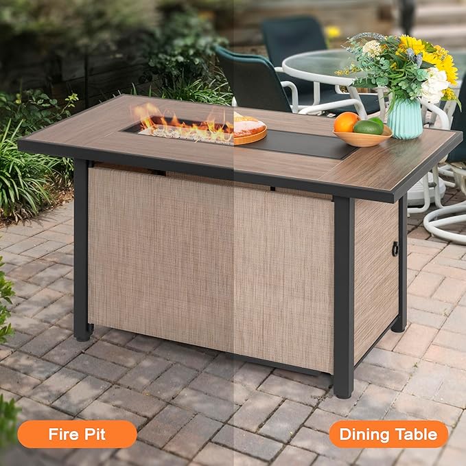 Nuu Garden 43 Propane Fire Pit Table, CSA-Listed Outdoor 50,000 BTU Gas with Lid and Glass Beads, 2-in-1 Rectangular for Outside Backyard Patio, Light Brown