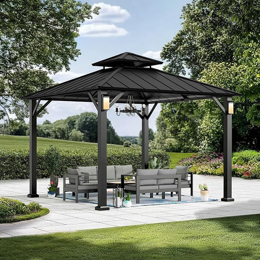 Modern Shade Hardtop Gazebo 10' x 10', Permanent Metal Gazebo with 4 LED Lights, Outdoor Pavilion with Galvanized Steel Roof & Frame Patio Pavilion for Backyard, Deck, Garden, Lawn