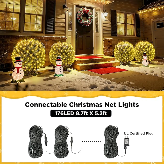 BlcTec Upgraded Christmas Lights Outdoor 176LED 8.7ft x 5.2ft Christmas Net Lights with UL Certified, 8 Modes, Timer, Connectable, Waterproof Durable Thick Wire for Bushes, Shrub Decor, Warm White