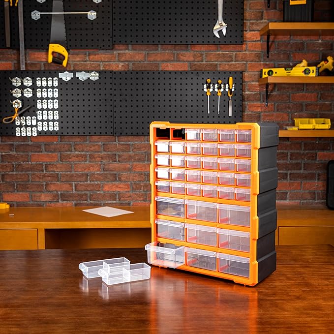 Amazon Basics Wall Mount Hardware and Craft Storage Cabinet Drawer Organizer 39 Drawers, Black, Orange, 15 L x 6.3 W x 18.6 H inches (LxWxH)
