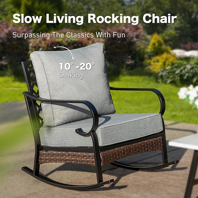 6 Piece Black Metal Outdoor Patio Furniture Sets with Firepit Table, Patio Conversation Sets 1 3-Seater Sofa, 2 Leg Sofa and 2 Rocking Chair with 5.75" Cushion for Backyard Deck, Gray