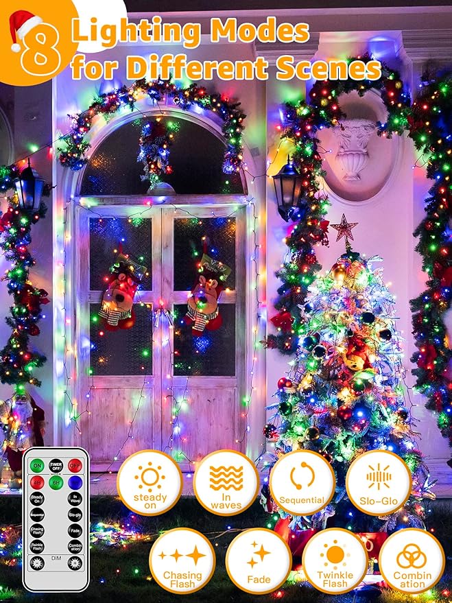 328 FT 1000 LED Christmas Lights, Waterproof Outdoor String Lights with Remote and Timer, Christmas Tree Lights with 8 Modes Dimmable, Fairy Lights for Holiday Decor (Multicolor)