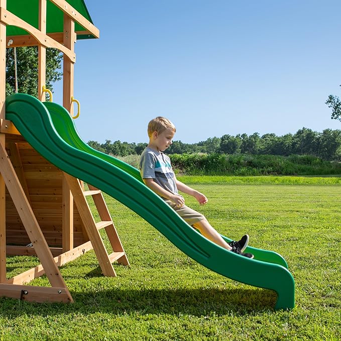 Backyard Discovery Mount Mckinley Cedar Wood Swing Set with Wave Slide, Play Deck, Double Rock Wall, Rope Ladder, Web Swing, Belt Swings, Toy Telescope, Steering Wheel, Sandbox Area, Outdoor Playset