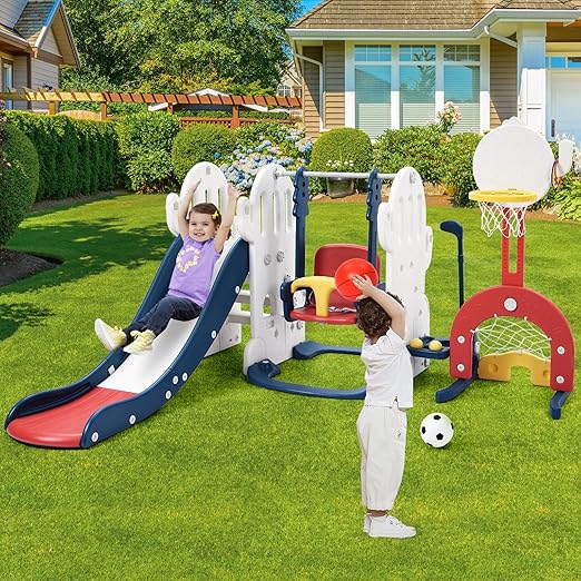 7-in-1 Toddler Playground Set ? Indoor Outdoor Slide, Adjustable Swing, Basketball Hoop, Climber, Ring Toss, Soccer, Golf ? Multifunctional Cactus Playset for Kids Ages 1-3, Blue ? Freestanding Activi