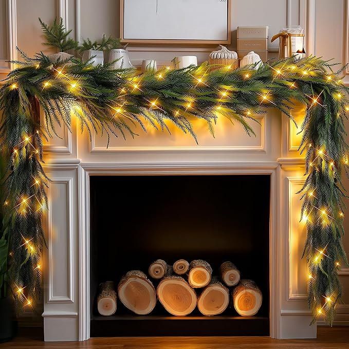 TW SHINE 9FT Pre-Lit Christmas Garland with Lights, 50 LED Lighted Artificial Norfolk Pine Garlands, Christmas Decorations for Indoor Outdoor Mantle Stairs Fireplace Decor, Warm White