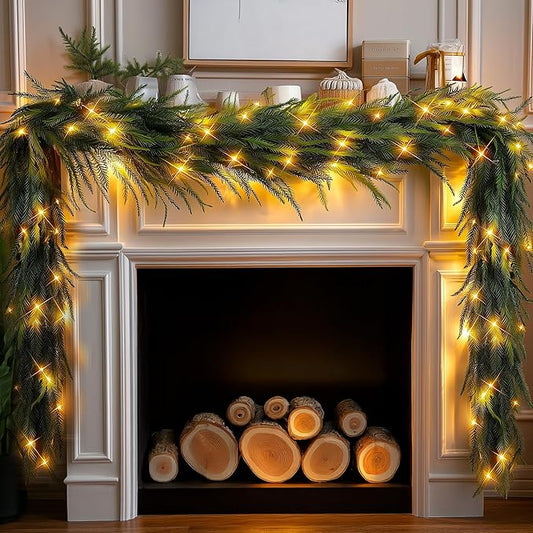TW SHINE 9FT Pre-Lit Christmas Garland with Lights, 50 LED Lighted Artificial Norfolk Pine Garlands, Christmas Decorations for Indoor Outdoor Mantle Stairs Fireplace Decor, Warm White