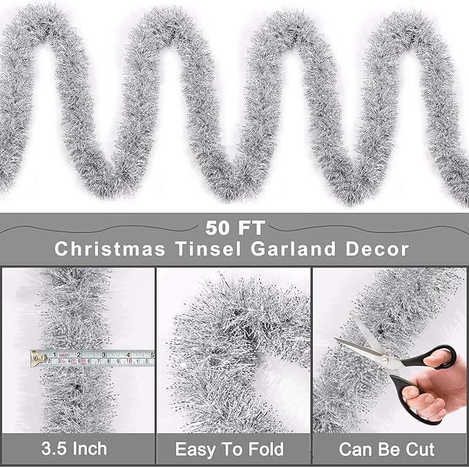 50FT Silver White Christmas Tinsel Garland, Metallic Twist Xmas Garland for Christmas Tree Decorations, Holiday Hanging Garlands for Mantel Staircase Fireplace Indoor Outdoor Home Party Decor