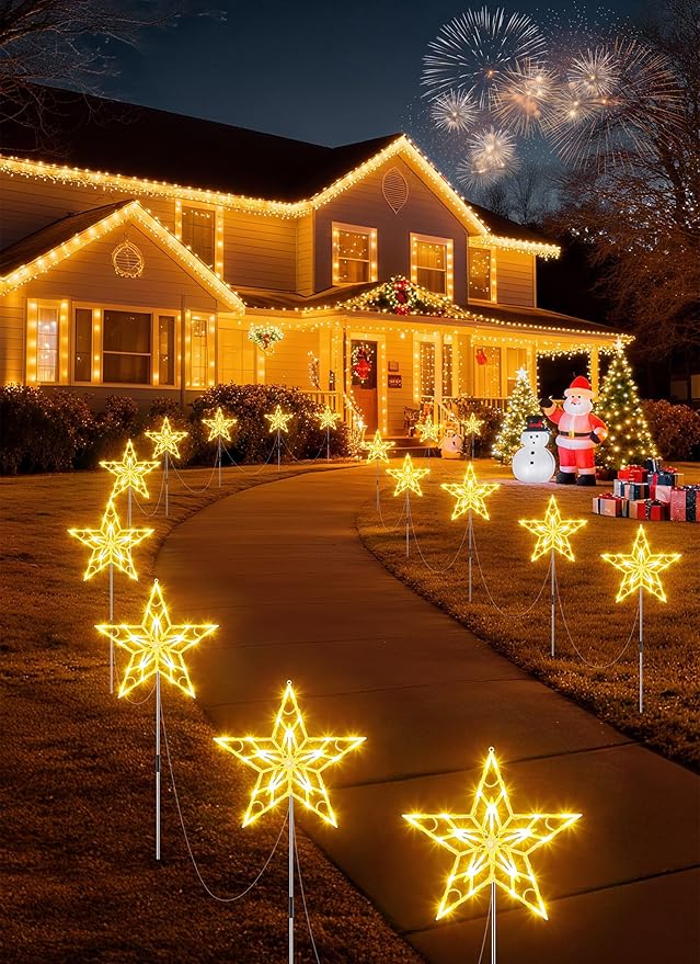 Brightown Pathway Lights Outdoor Christmas Decorations, Set of 10 Large Waterproof Stake Decorative Light for Outside Sidewalk Yard Lawn Path Walkway Driveway Marker Stake, Warm White