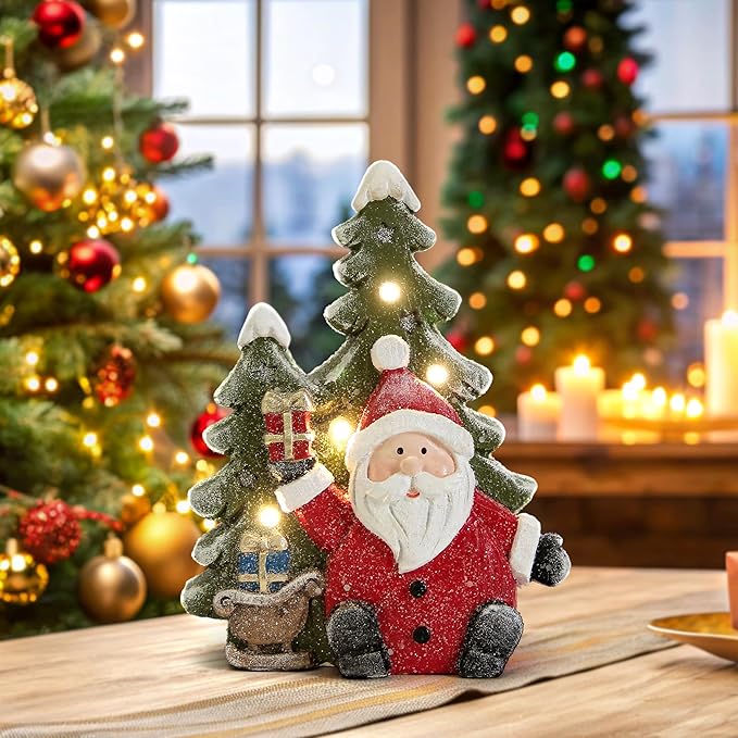 Santa Claus Statues Christmas Decorations Indoor -Christmas Santa Claus Tree Statue Figurines with Lights for Holiday Decor,Xmas Decorations for Table Fireplace Mantle,Winter Xmas Gifts with Timer