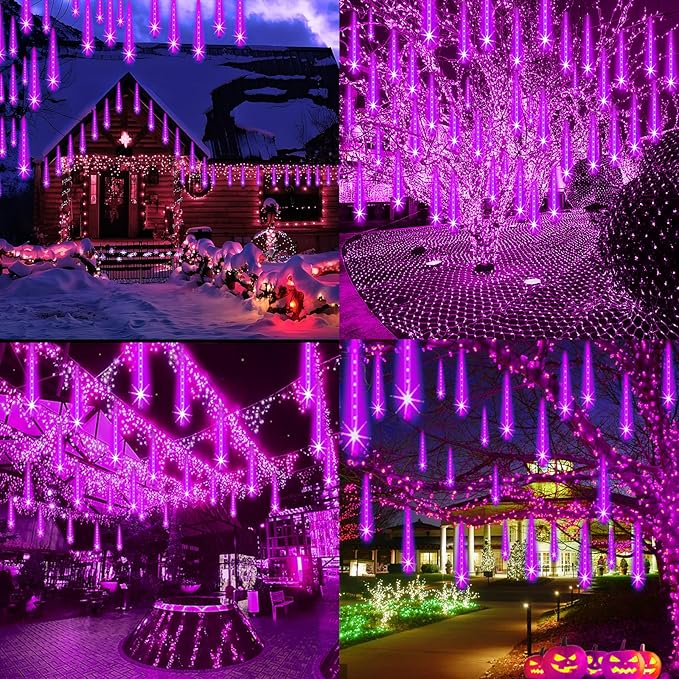 Halloween Lights Outdoor, Purple Halloween Decorations Meteor Shower Light Christmas Lights Outdoor 8 Tubes 192 LED Falling Rain Dripping Icicle Light for Xmas Christmas Decor Party,UL Plug
