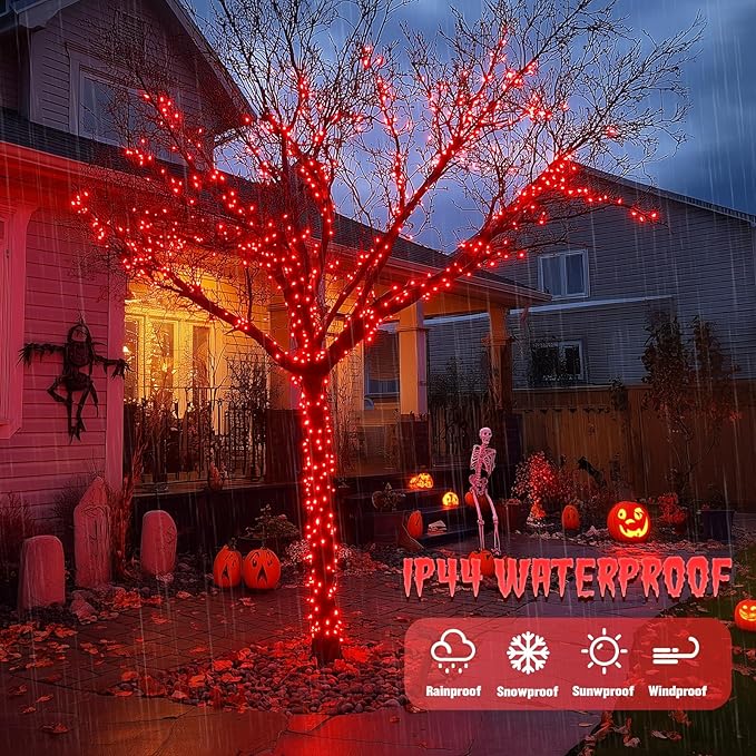 JMEXSUSS 2 Pack Red Solar Lights Outdoor Waterproof, Each 33FT 100 LED Red Christmas Lights, Solar Fairy String Light for Outside Tree Party Patio Christmas Halloween Decorations