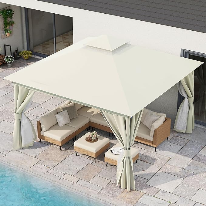LAUSAINT HOME 12x12ft Outdoor Patio Gazebo with Double Roof, Heavy Duty Waterproof Gazebo Canopy Tent with Mosquito Netting for Backyard, Garden, Lawn & Wedding, Cream White