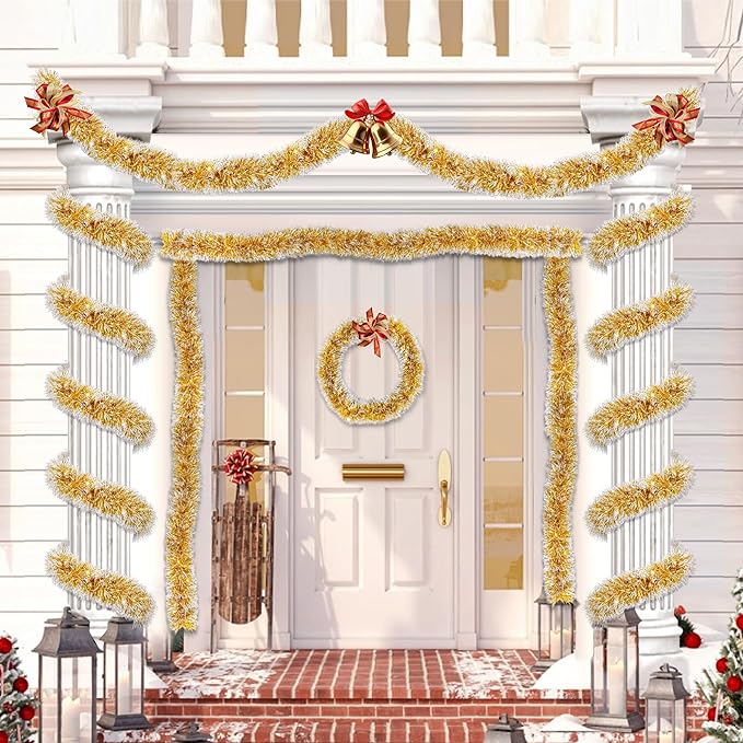 50FT Gold White Christmas Tinsel Garland Metallic Twist Shiny Christmas Tree Decorations, Xmas Holiday Hanging Garland for Home Mantle Stair Indoor Outdoor Holiday Decor Party Supplies - Gold White