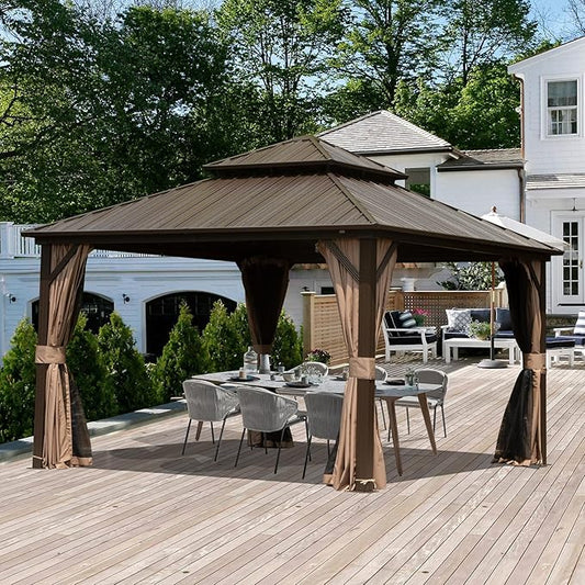 Domi 12' x 12' Hardtop Gazebo Permanent Metal Gazebo with Galvanized Steel Double Roof, Curtains and Netting for Party, Wedding, Outdoor Dining, Patio, Backyard, Brown