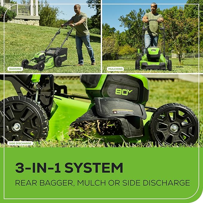 Greenworks 80V 21¡± Brushless (Self-Propelled) Cordless Electric Lawn Mower + (580 CFM) Axial Leaf Blower (75+ Compatible Tools), 4.0Ah Battery and 60 Minute Rapid Charger, Green and Black