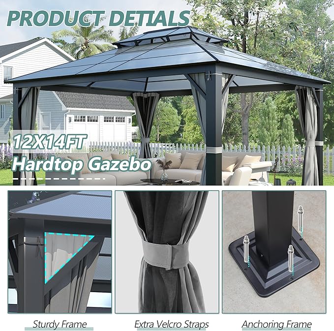12'x14' Hardtop Gazebo, Outdoor Polycarbonate Double Roof Gazebos with Netting and Curtains, Heavy Duty Metal Pavilion for Patio, Backyard, Deck and Lawn