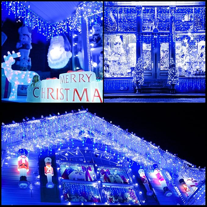 Led Christmas Lights Outdoor Christmas Decorations Hanging Lights 400LED 8 Modes 75 Drops, Waterproof Outdoor Indoor Fairy Christmas Light for Party, Holiday, Wedding, Eaves Decorations (Blue)