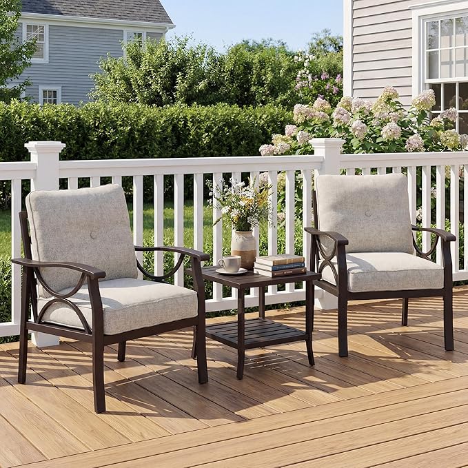 Outdoor Patio Furniture Set, 3 Pieces Metal Patio Conversation Set with Side Table for Porch Backyard Garden, Khaki