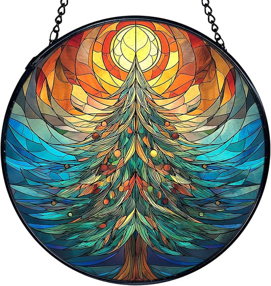 TNUW Christmas Tree Stained Glass Window Hanging, Rustic Winter Christmas Tree Sun Catchers Indoor Window Glass Round Wall Art Decor, Xmas Wall Hanging Decorations, 7.9＂x7.9＂
