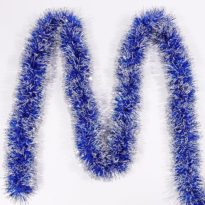 50FT Blue White Christmas Tinsel Garland Metallic Twist Shiny Christmas Tree Decorations, Xmas Holiday Hanging Garland for Home Mantle Stair Indoor Outdoor Holiday Decor Party Supplies - Blue White