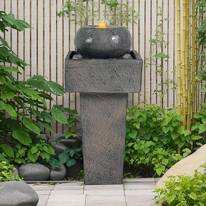 Merax 25.59" H Minimalist Concrete Column Fountain–LED-Lit Modern Outdoor Oasis, Durable Landscape Feature for Patio, Porch