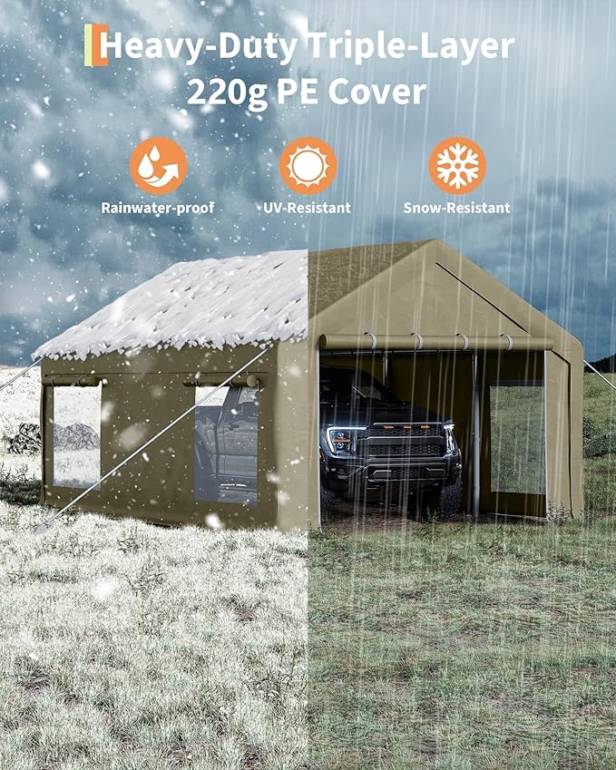 13X20 FT Portable Carport Garage with Roll-Up Windows & Doors, Heavy-Duty 200g PE Tarp, Waterproof & UV Protected Outdoor Shelter for Car, Boat, Truck, Motorcycle
