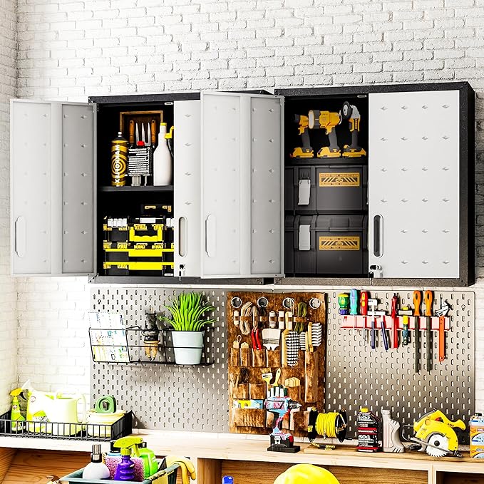 Garage Wall Cabinet,29.5 W Wall Mounted Garage Cabinets with Adjustable Shelf,Heavy Duty Lockable Metal Cabinet,Secure Hanging Tool Cabinet for Basement,Laundry Room,Workshop,Black/Grey