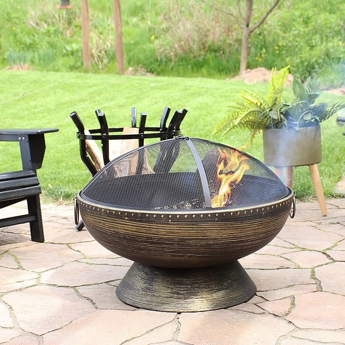 Sunnydaze 30-Inch Large Outdoor Fire Pit - Wood Burning Fire Pit for Outside with Poker and Screen - Black Finish - Regal Cauldron