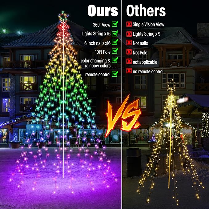 Flacchi Outdoor Star String Lights - Pole Set with Remote, Multiple Lighting Modes, Timer, and Waterproof Feature for Ultimate Holiday Decor (RGB, 10 FT/408LED)