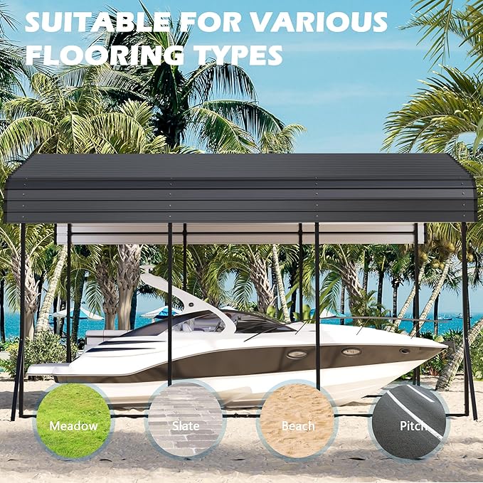 10x15 Carport Heavy Duty, Metal Carport with Galvanized Steel Roof, Metal Car Garage Multi-Use Shelter Outdoor Portable for Car, Boat, Pickup and Tractor, Black