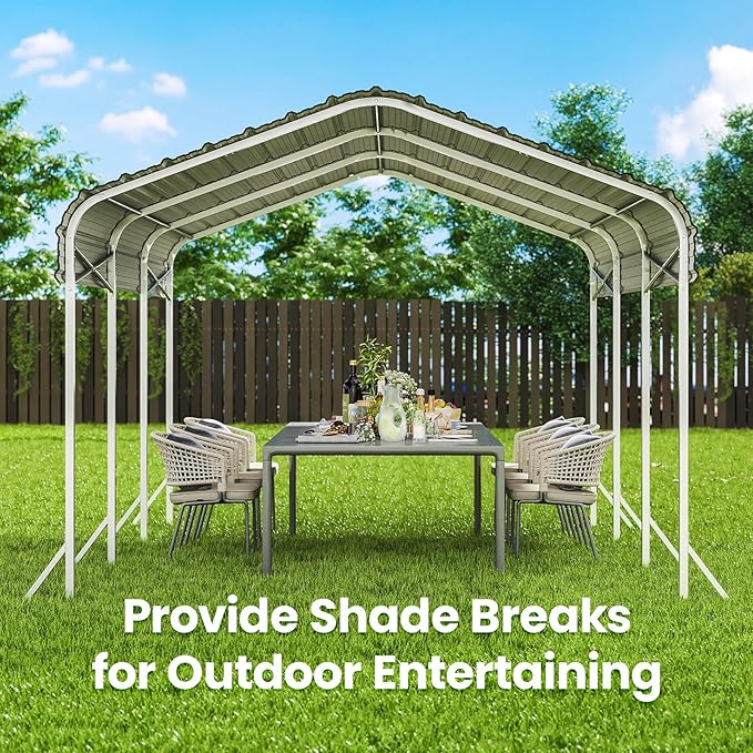 10X15ft Heavy Duty Metal Carport – Outdoor Galvanized Garage, Sturdy Structure, All-Weather Protection, Easy Assembly for Cars, Trucks, Boats, Tractors, and Outdoor Storage (Beige, 10x15FT)