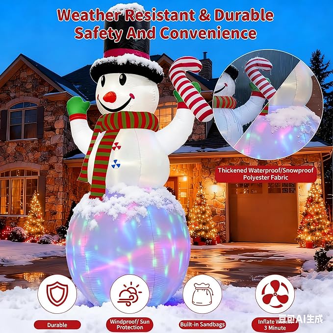 12FT Christmas Inflatables Snowman Outdoor Decorations, Giant Christmas Blow Up Snowman Inflatable in Waving Pose with Candy Cane, Rotating Colorful LED Light for Holiday Party Garden Yard Deco