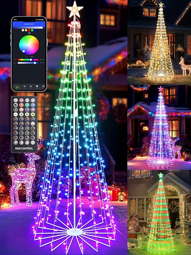 Flacchi Smart Christmas Cone Tree Lights - Star Tree Topper with Removable Bracket, App Control, Sync with Music, Waterfall Colored Lights for Indoor Outdoor Xmas Decorations (8.8FT/ String Lights)
