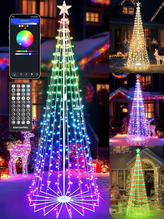 Flacchi Smart Christmas Cone Tree Lights - Star Tree Topper with Removable Bracket, App Control, Sync with Music, Waterfall Colored Lights for Indoor Outdoor Xmas Decorations (8.8FT/ String Lights)