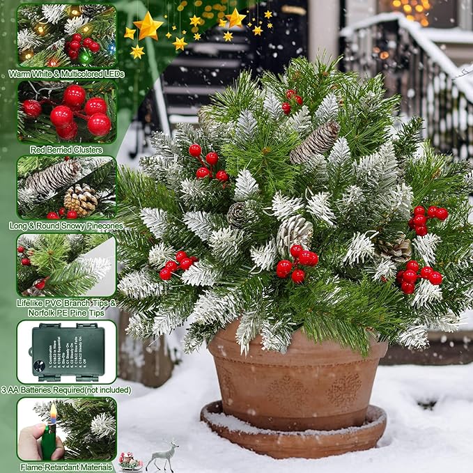 Timer Dual Color Change 2 Pack Christmas Tree Outdoor Urn Filler 24Inch Artificial Snowy Pinecone Red Berries Tripod Stake Warm White & Colorful Lights Battery Operated 8 Mode Porch Decor Pathway Yard