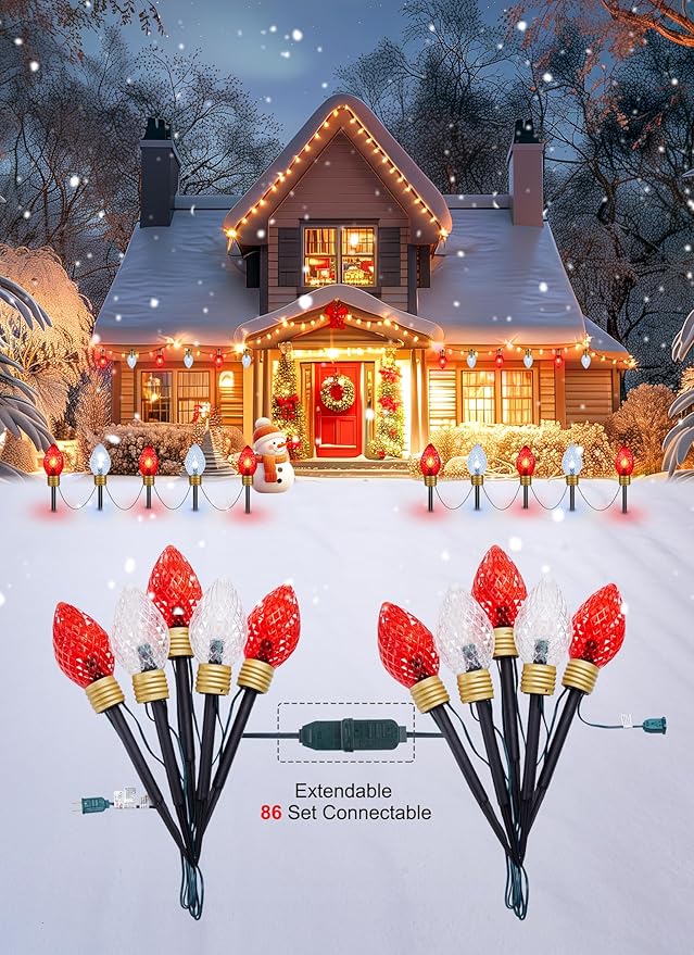 Minetom Jumbo C9 Christmas Pathway Lights Outdoor - 2 Pack 10.5 Feet 5 Lights, C7 Covered Multicolor Bulb Decorations for Lawn Outside, Red & Cool White