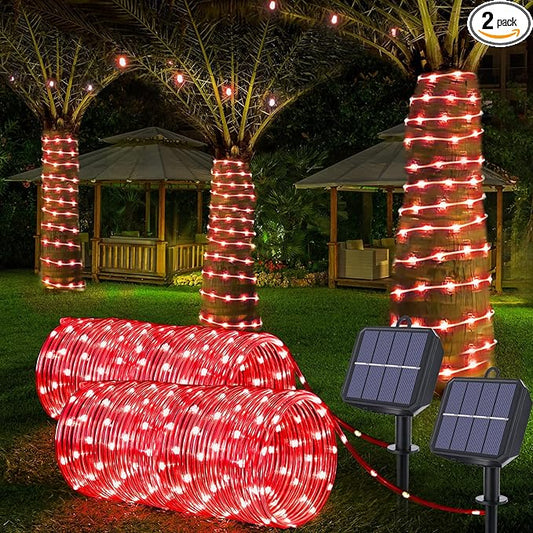 Solar Rope Lights, 2 Packs Total 132ft 400LED Solar String Lights, 8 Modes Waterproof Solar Powered Outdoor Light, Flexible Clear Tube Light for Garden Backyard Patio Deck Porch Tree Xmas Decor - Red