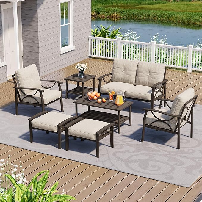 7-Piece Outdoor Patio Furniture Set, Outdoor Metal Sectional Furniture with Cushions, Outdoor Conversation Seating Set with Side Table for Garden, Balcony, Deck, Backyard, Khaki