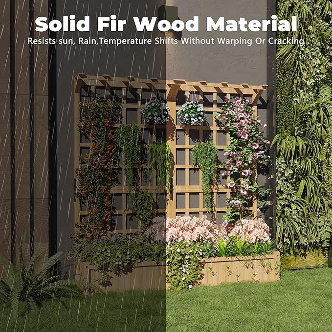 2 Tiers Wood Planter Box & Trellis, 44.4'' x 16.2'' x 63'' Outdoor Elevated Bed, Wooden Garden Bedding Hanging Roof with Climbing Trellis for Garden, Balcony, Yard, Patio (8 single Drainage Holes)