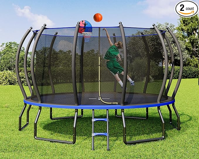 8FT 10FT 12FT 14FT 16FT Trampoline with Pop-up Quick Connector and Basketball Hoop, Trampoline Outdoor with Enclosure, Ladder, ASTM Approval for Kids and Adults