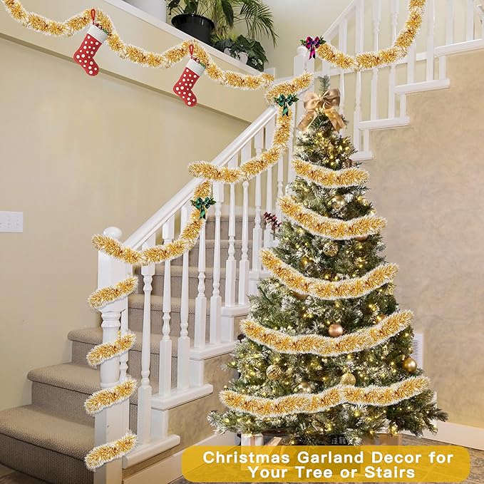50FT Gold White Christmas Tinsel Garland Metallic Twist Shiny Christmas Tree Decorations, Xmas Holiday Hanging Garland for Home Mantle Stair Indoor Outdoor Holiday Decor Party Supplies - Gold White