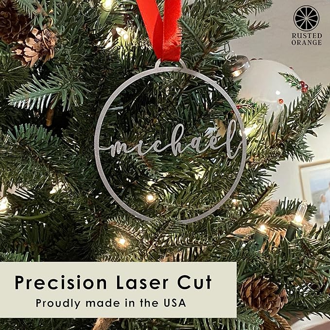 Minimalist Custom Ornaments (5 Pack; 9 inch) - Personalized Modern Metal Cursive Name Christmas Ornaments for Christmas Tree