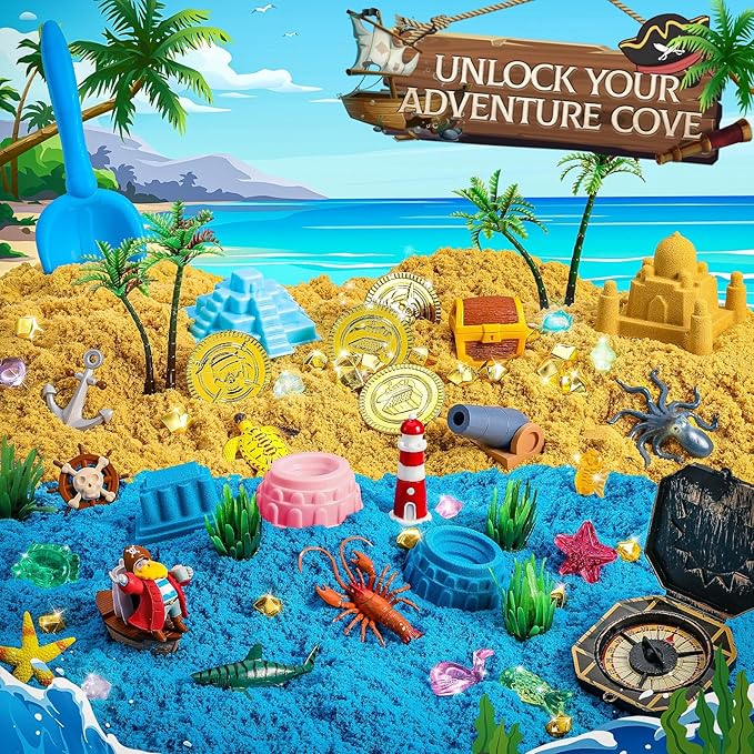 Pirate Treasure Chest Sensory Bin,Play Sand Kit for Boys with Pirate Accessories,2.2lbs Sand,Glow in The Dark Gems and Map,Pretend Play Adventure Sensory Toys for Toddlers Kids Ages 3 4 5 6 7 8