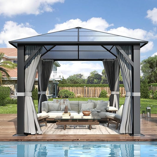 COVERONICS 10FT x 10FT Patio Polycarbonate Hardtop Gazebo with Steel Frame - Outdoor Translucent Roof Gazebo with Breathable Netting & Shaded Curtains for Porch, Lawn, Garden, Backyard, Poolside