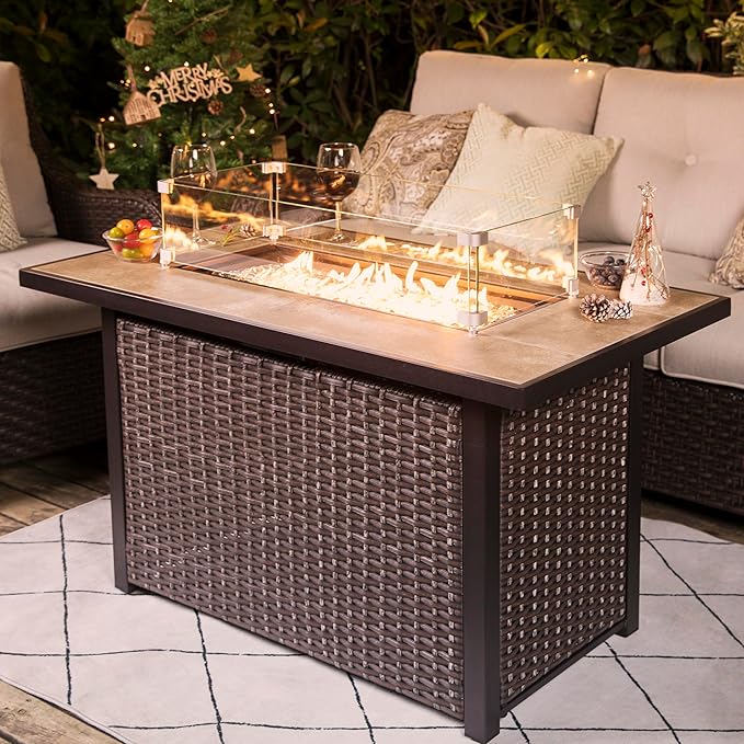 Nuu Garden Outdoor 43 50,000 BTU Propane Gas Fire Pit Table, Ceramic Tabletop and Rattan Weaved Iron Frame, Water-Proof Oxford Cover, Glass Wind Guard, Glass Beads, Lid Included, Dark Brown & Coffee